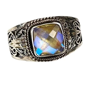 Natural Rainbow Moonstone Sterling Faceted Bezel Set Handmade Ring Size 8 - Picture 1 of 8
