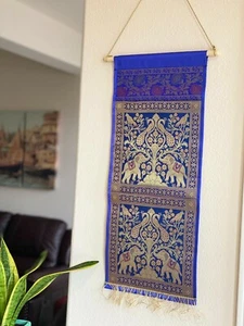 Blue Wall Hanging Silk Tapestry Mail Holder Pocket Letter Organizer Home Decor - Picture 1 of 11