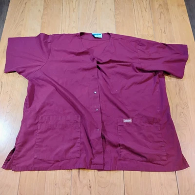 Landau Women's Maroon Snap Down Scrub Top V-Neck Pockets *Tag Cut* - Image 1 of 4