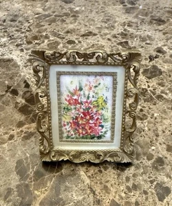 Vintage Miniature Cross Stitch Floral Art in Ornate Gold Frame - Picture 1 of 3