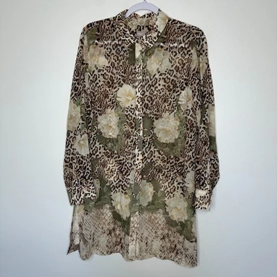 Chicos Poised Blooms Sheer Tunic Top Womens Size L 12/14 Floral Animal Print 2 - Image 1 of 4