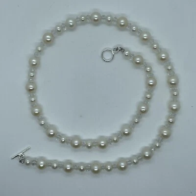 Simulated Pearl and Crystal Necklace Sterling Toggle Clasp 15.5” - Image 1 of 4