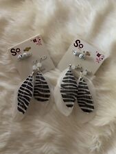 So Faux Feather Earrings & Studs 4 Pairs Zebra  Print Ivory Black 2 Pack Defects