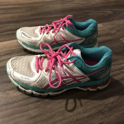 Asics Women’s Gel Kayano 21 7.5 White Pink Teal Athletic Running Shoes - Image 1 of 4