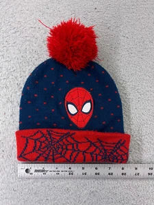 Spiderman Beanie Toque Youth Red Blue Knit Embroidered Webs Acrylic Ski Pom - Picture 1 of 8