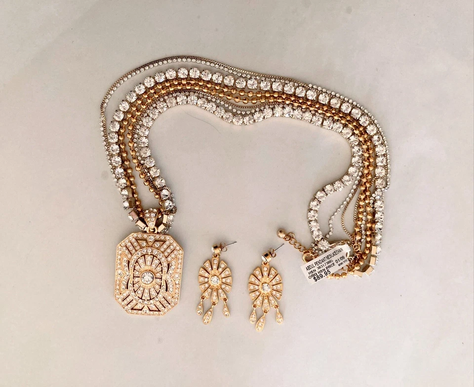 HSN Paula Abdul Collar y Pendientes Tono Oro, Conjunto de Diamantes de Imitación Hexágono Nuevo Foto 1 de 1