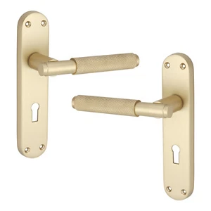 Door Handles Pair Knurled Lever Latch Keyhole Lock Backplate Internal External - Picture 1 of 46