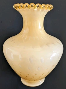 Fenton Art Glass Vase- Honey Amber Gold Crest Bubble Optic Cased White 1960s 12" - Picture 1 of 8
