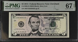 2013 $5 Federal Reserve Note Fr-1996-D Cleveland PMG67 Superb Gem EPQ - Picture 1 of 2