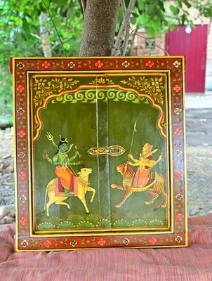 Antique Hand Painted Hindu Deities Durga & Shiva Old Rajasthani Wooden Window - Image 1 of 4