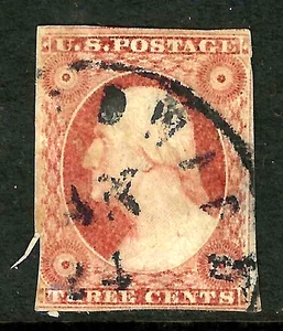 Sc #10/11 Near 4 Margin Tear JAN 24 Cancel 3 Cent Washington 1851-57 US 91B54 - Picture 1 of 1