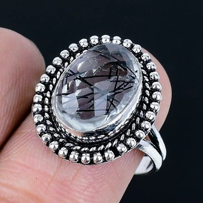 Anillo Hecho a Mano Rutilo Negro Chapado en Plata 925 de EE. UU. Talla 8 Foto 1 de 3