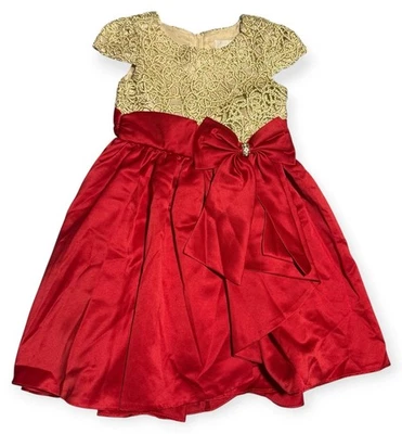 NWT 4T Girls Embroidered Bodice w/ Satin Bow Dress Holiday Formal Red Gold - Image 1 of 4
