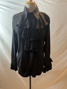 EUC LEVANTE STUNNING 100% SILK BLACK CASCADING RUFFLE COLLAR & CUFF BLOUSE-SZ 4 - Picture 1 of 3