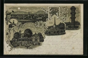 Mondschein-Lithographie Löbau i. S., Siegesdenkmal, Friedrich-August-Turm, Rest  - Picture 1 of 2