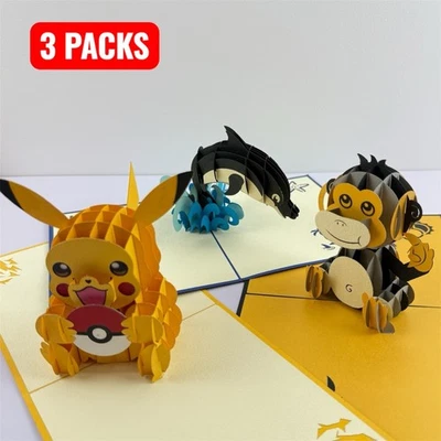 Set of 3 Pop Up 3D Cards Pikachu, Monkey, Dolphin Handmade Greeting Gift - Image 1 of 4