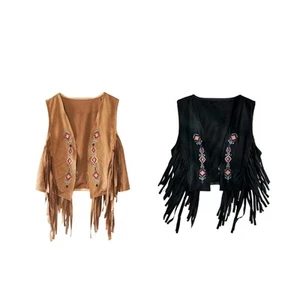 Womens Fringe Waistcoat Vest Casual Cowgirl Western Outfit Women Fringe Vest - Picture 1 of 16