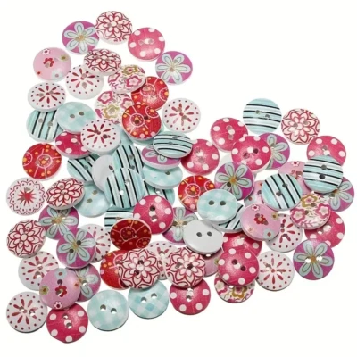 50pcs Blues & Pinks Drawing Round Wooden Buttons for Sewing & Crafts - Image 1 of 2