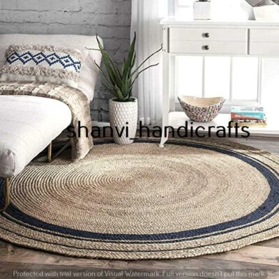 Round Beige & Black Jute Strip Braided Rug Bohemian Jute Rugs 8 Feet Bedroom Rug - Image 1 of 4