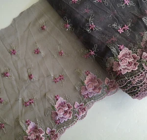 3.5 Yards 9.5" Wide Brown Tulle Lace/Embroidered Pink Flower.Green Leaves eh0243 - Bild 1 von 2