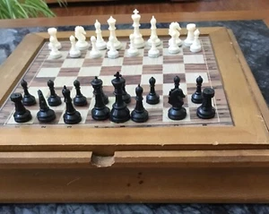 Carved Wood board 10” box plastic Staunton magnetic mini black white chess set - Picture 1 of 10