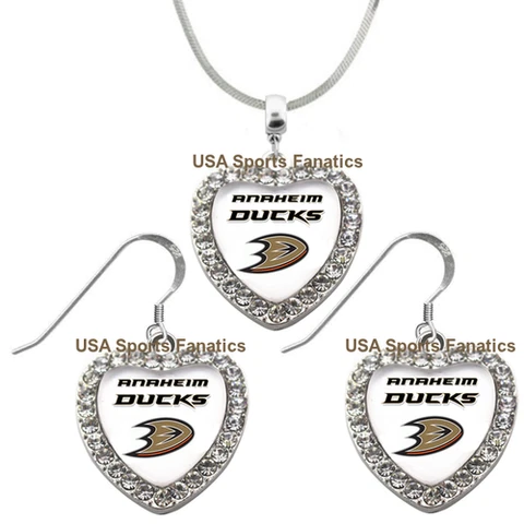 Anaheim Ducks 925 Necklace / Earrings or Set Team Heart With Rhinestones Cover