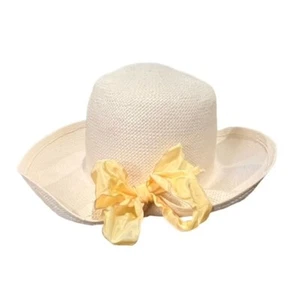 Banana Republic Wide Brim Garden Hat Yellow Bow Travel Preppy Coastal Boho EUC - Picture 1 of 11