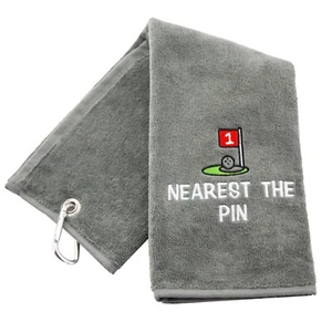 PERSONALISED GOLF TOWEL EMBROIDERED WITH NEAREST THE PIN IDEAL FOR WORK GOLF DAY - Picture 1 of 25