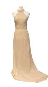 Amsale Women’s Sz 4 Sophia Dress Flowy Chiffon Halter Neck High Collar Fawn $270 - Picture 1 of 7