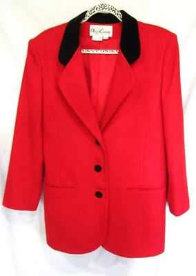 De colección. Abrigo Blazer Mujer Oleg Cassini 10 (M) Lana Roja, Forrado Satinado, Terciopelo Negro Foto 1 de 4