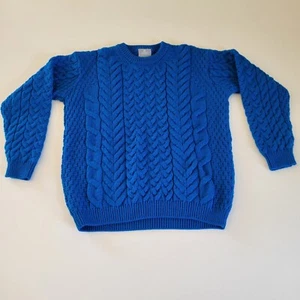 Vintage Aran Cable Chunky Knit Merino Wool Sweater Royal Primary Blue Size Large - Picture 1 of 6