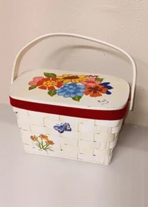 Basket Purse Wood Hinged Lid Flower Design Mirror Lined Velvet Accent Vtg 1970s - Picture 1 of 19