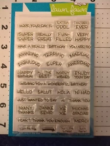 Used Wheel Reveal Sentiments Lawn Fawn Acrylic Stamp Set Birthday Thank You Hola - Picture 1 of 4