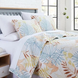 Queen Quilt Set Summer Tropical Leaf Beachy Botanical Island Breezy Lightwgt 3pc - Picture 1 of 24