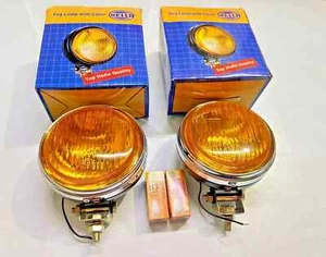 Pair Hella Chrome Rim Round Fog Lamp Yellow Glass + Cover With H3 12V 55 Bulb - Picture 1 of 3