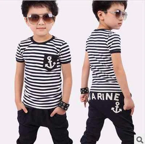 kids boy girl summer suit striped t-shirt + marine design pants clothing sets - Picture 1 of 1