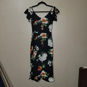 Bisou Bisou Black Multi Floral Print Midi  Dress~ Size 2 - Picture 1 of 13