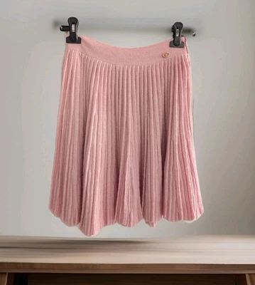 Falda plisada rosa claro tejida de lino cachemir vintage con logotipo Chanel CC talla 36 XS S Foto 1 de 4