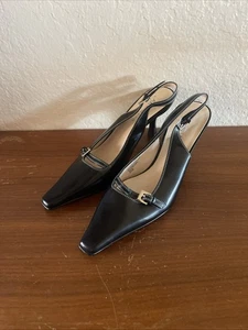 Anne Klein Slingback spitz zulaufend Pfennigabsatz schwarz mit Schnalle Leder Obermaterial 8,5 - Bild 1 von 10