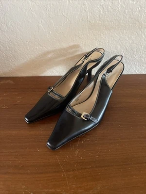 Anne Klein Slingback Punta Punta Gatito Tacones Negros con Hebilla Cuero Superior 8.5 Foto 1 de 4