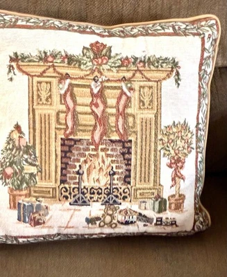 Vtg Tapestry Throw Pillow Christmas Fireplace Stockings Cozy Scene Fashion - Image 1 of 4