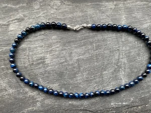 Blue Tiger's Eye gemstone sterling silver bead necklace hallmarked BNWOT - Picture 1 of 9