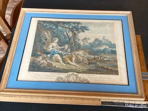 ANTIQUE ROCOCO FRENCH TINTED ENGRAVING LE BAS & F BOUCHER PENSENT-ILS AU RAISIN? - Picture 1 of 24