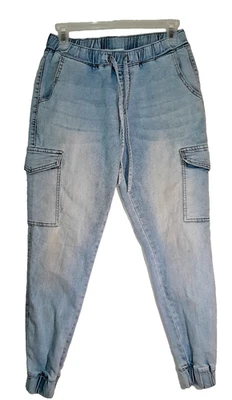 Pantalones de mezclilla CASI FAMOSOS desgastados cintura elástica y puño cordón para mujer M DENIM Foto 1 de 4
