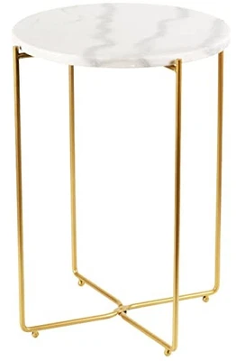 Mesa auxiliar redonda de metal dorado con tapa de mármol real de 15 pulgadas con moderno dorado blanco Foto 1 de 4