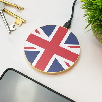 United Kingdom Flag Wireless Phone Charger Wooden Printed Phone Charger Gift - Image 1 of 4