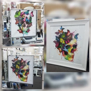 Multi-coloured skull with butterflies, liquid art,crystals & white mirror frames - Picture 1 of 22