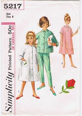 Uncut 1963 Simplicity Pattern 5217 Girls 8 PJs Bathrobe Pajamas Robe Pants FF - Image 1 of 4