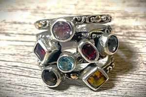 NEW BALI COUTURE STERLING SILVER/18K FOUR ROW MULTI STONE STACK RING SIZE 7 - Picture 1 of 5