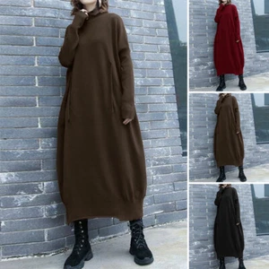 Womens Autumn Long Sleeve High Neck Sweatshirt Midi Dress Loose Caftan Dresses - Picture 1 of 15